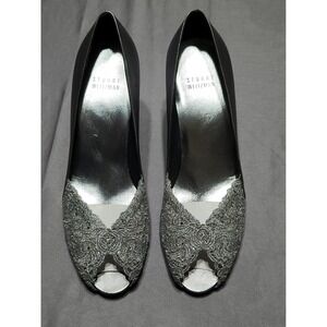 Stuart Weitzman Silver Lace Peep Toe Kitten Heels Evening Pumps Womens 7 M